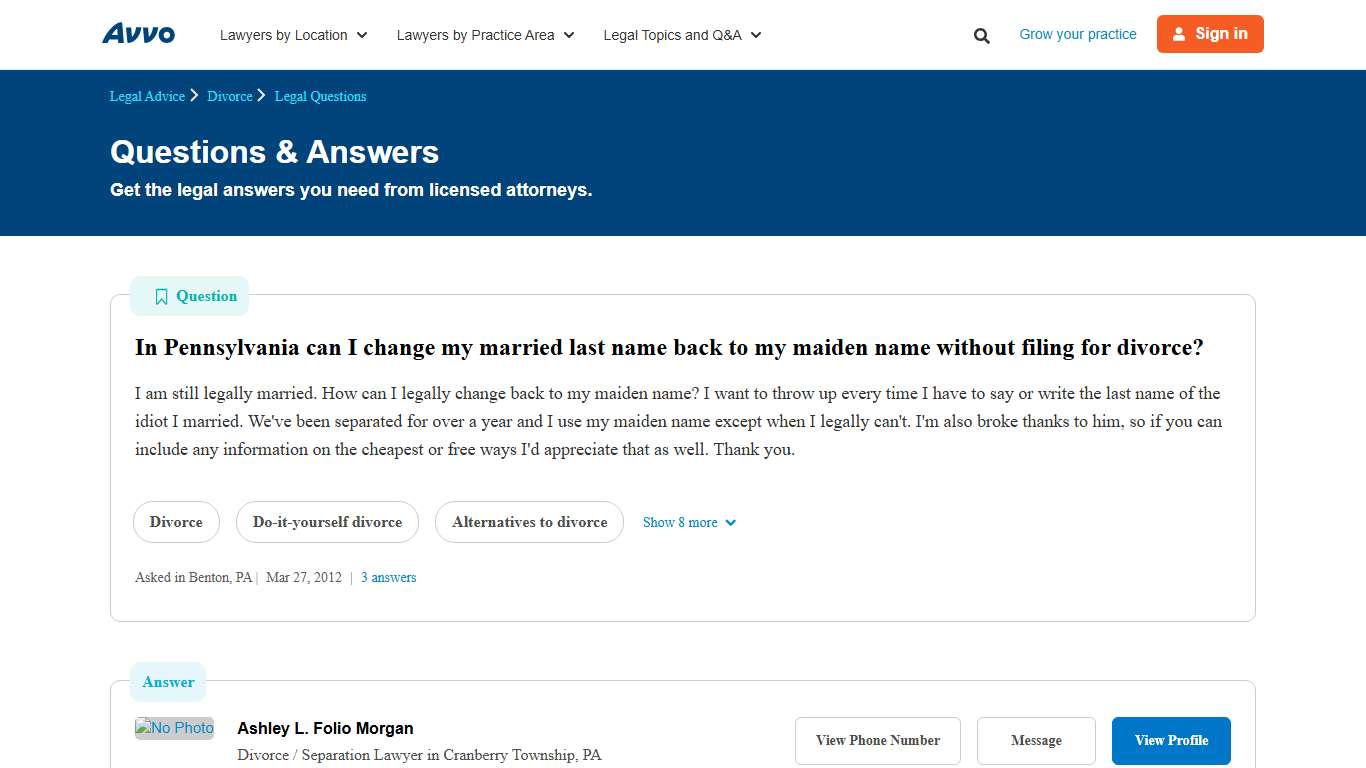 In Pennsylvania can I change my married last name back to my maiden name without filing for divorce? - Legal Answers